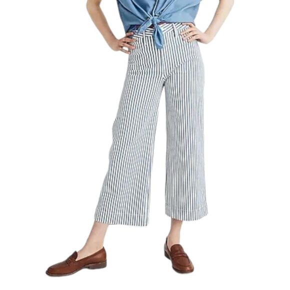 Madewell Striped High Waist Wide-Leg Crop Pants Blue White 25 - Picture 1 of 6